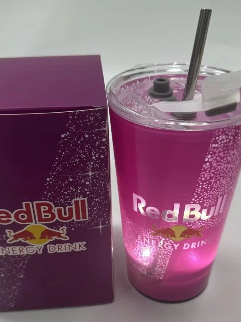 Red Bull liquid activated cup with lid and straw. Your choice of color.